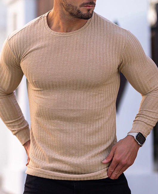 Rib-knit Plian Crew Neck Casual Knit Shirt